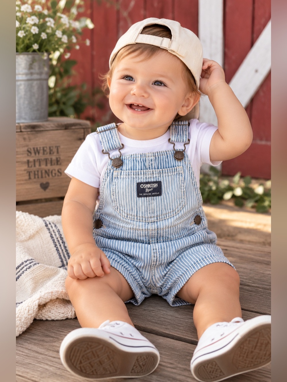 OshKosh B’gosh Baby Railroad Stripe Vestbak Shortalls Overalls 12M Blue White
